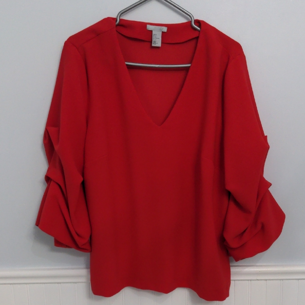 H&M Red V-Neck Blouse with Ruffled Sleeves